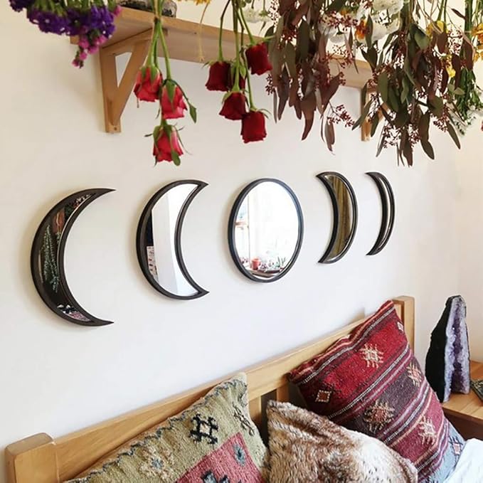 5 Pieces Scandinavian Natural Decor Acrylic Wall Decorative Interior Design Wooden Moon Phase Mirror Bohemian Wall Decoration for Home Living Room Bedroom - Not Real Mirror(Black) by Shker