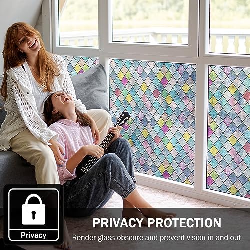 Stained Glass Window Film, Window Privacy Films, Colorful Lattice Window Tint, Rainbow Glass Decals Stickers for Home Anti UV 17.3 x 78.7 inches - Image 2