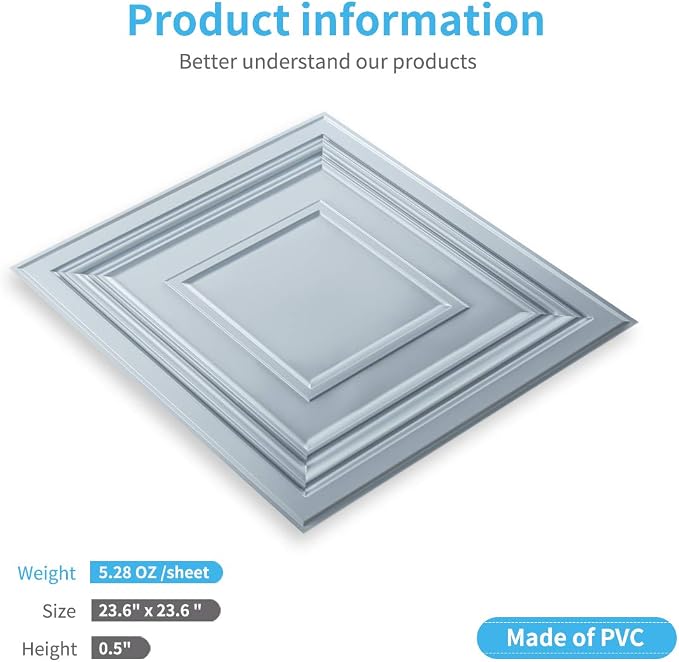 Art3d Decorative 3D Wall Panels 24" x 24", Square Gray Ceiling Tiles, Wall Panels for Home, Office, Coffee Shop,12 Pack - Image 5