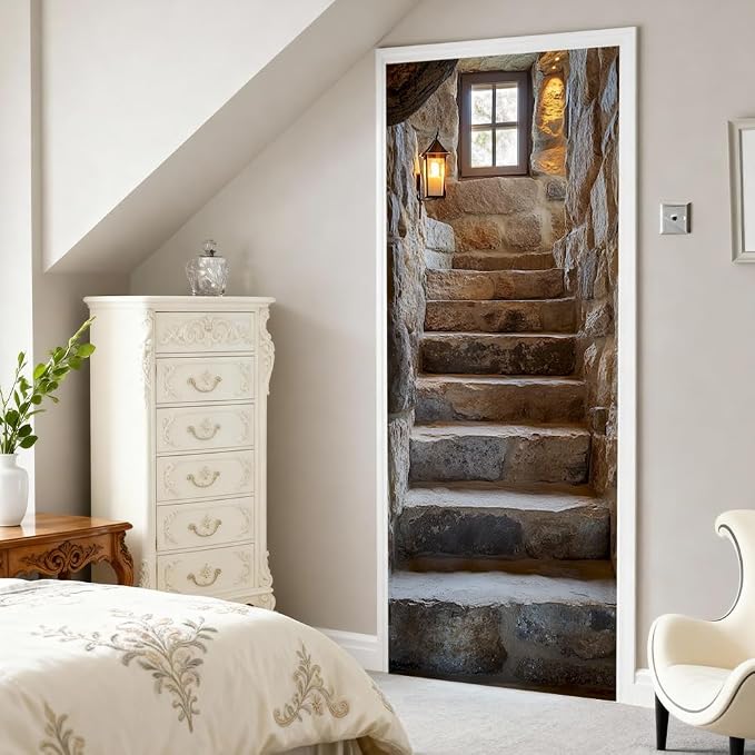 Stone Stairway Door Mural, Rustic Cellar Steps Door Cover | Waterproof PVC, 30.3" W x 78.7" L; rustic stone stair scene for entryway, hallway, office or cellar doors. - Image 5