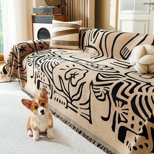 MYSKY HOME Couch Cover for Dogs, Washable Couch Covers, Sofa Covers for Sectional Sofa, Couch Cover 2 Cushion Sofa Dogs Furniture Protector, Chenille Sofa Covers for Pets, 71"x118", Abstract Coffee by MYSKYHOME