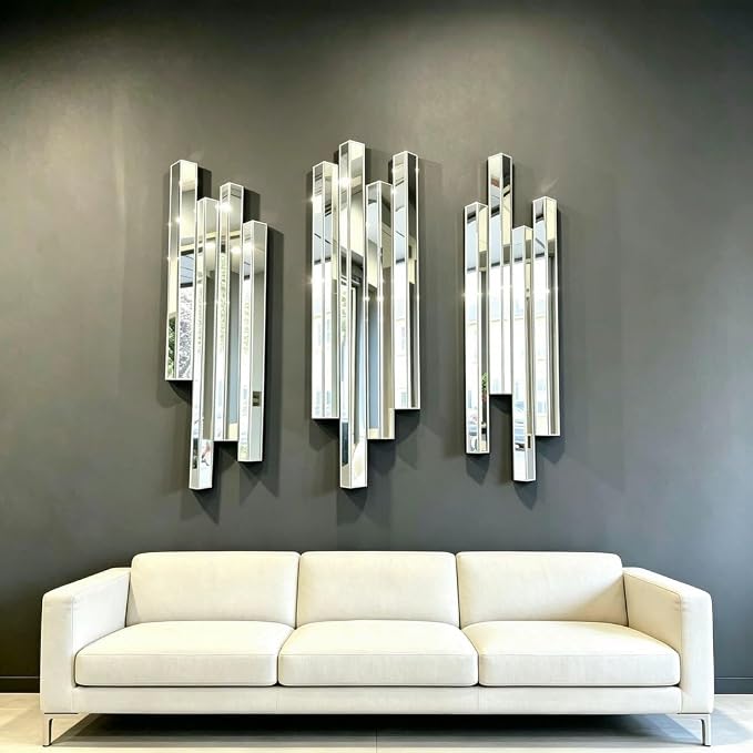 Modern 3 Pack 28x8 Staggered 3D Silver Mirror Wall Set Mirror Decor - Image 5