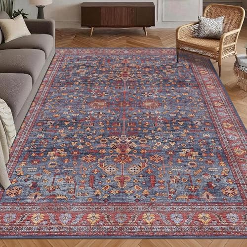 Washable Area Rug 6' x 9' Vintage Traditional Persian Mat - Foldable Distressed Non-Slip Machine Washable Carpet for Living Room Bedroom Kitchen Home Decor - Indigo and Crimson by Unknown