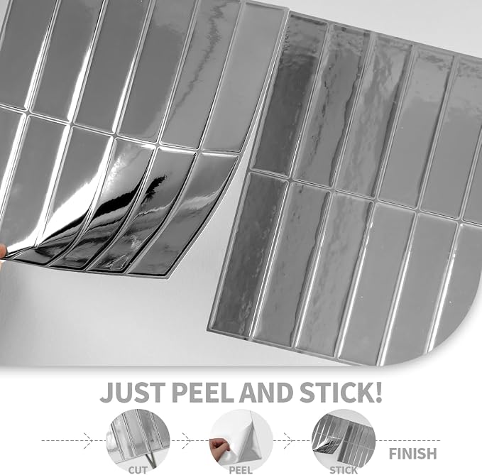 Peel and Stick Backsplash 3D Wall Tiles,Self-Adhesive,Oil Proof,Waterproof, Removable Wall Panels for Kitchen & Bathroom,Modern Design, Easy Install (10.7ft，12x9 inch,14 Pack) (Silver) - Image 6