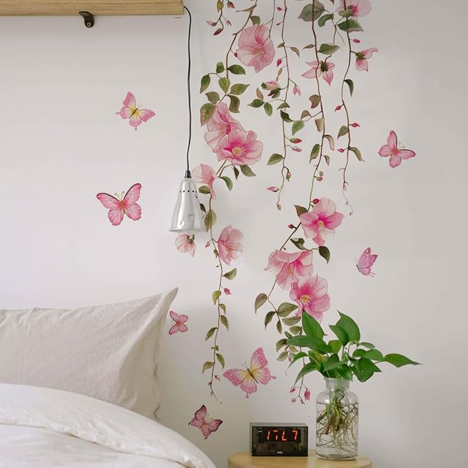 Spring Pink Flower Wall Decals Peel and Stick Hanging Vine Floral Wall Stickers Decor Removable Wall Murals for Girls Bedroom Living Room Nursery Vinyl Cherry Blossom Wallpaper - Image 3