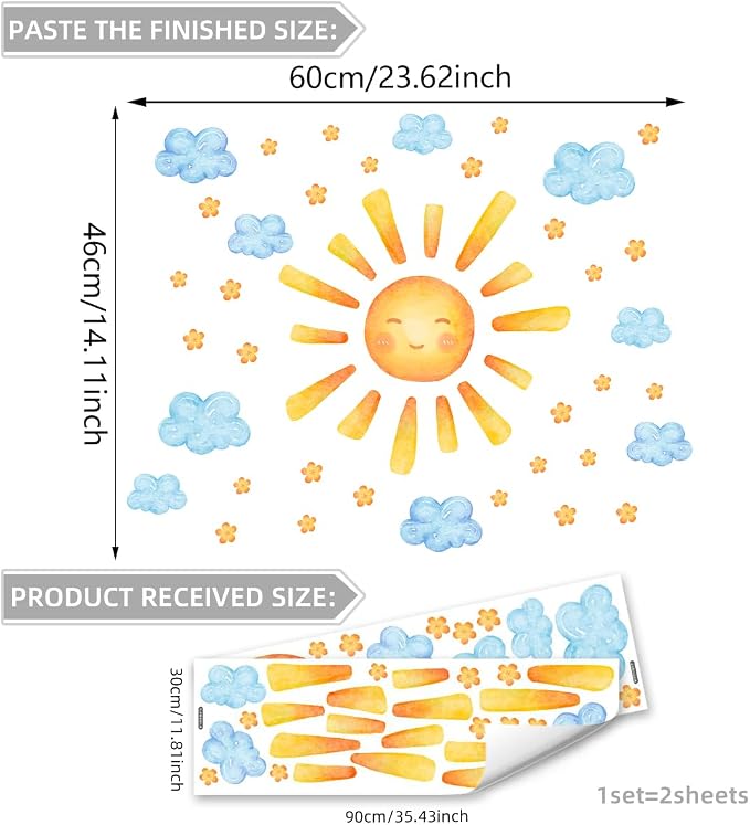 35.4 ×11.8 Inch Sun Clouds Wall Decal Watercolor Mural Modern Vinyl Removable Peel Stick Sticker for Nursery Room Playroom Living Room Bedroom Decor - Image 2
