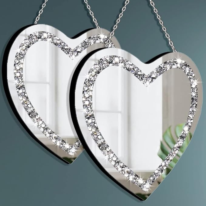 DMDFIRST Heart Shaped Silver Glass Mirror 2 Pack 12x12inch Crystal Crush Diamond Decor Chain Mirror for Wall Decoration - Image 2