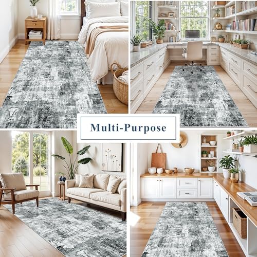 4x8 Washable Area Rug – Non-Slip Rubber Backed Indoor Rug for Entryway, Kitchen, Hallway | Modern Abstract Neutral Low Pile Thin Floor Mat for Bedroom, Living Room, Office（Grey） - Image 4