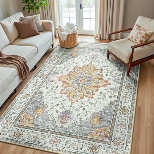 RELEANY Washable Area Rug, 5'x8', Beige/Carbon Grey/Orange by RELEANY