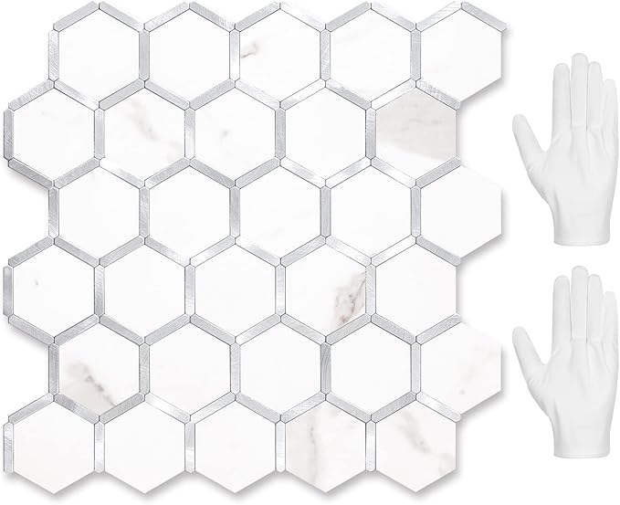 STICKGOO Hexagon Peel and Stick Backsplash Tile, Stick on Backsplash for Kitchen and Bathroom, White Marble Look PVC Mixed Metal Silver Self Adhesive Wall Tiles(10 Sheets, Seamless) by STICKGOO