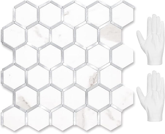 STICKGOO Hexagon Peel and Stick Backsplash Tile, Stick on Backsplash for Kitchen and Bathroom, White Marble Look PVC Mixed Metal Silver Self Adhesive Wall Tiles(10 Sheets, Seamless) by STICKGOO