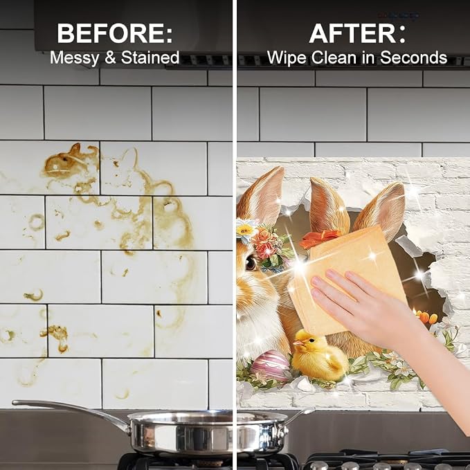 Easter Bunny Kitchen Backsplash Peel and Stick, 30x16 in | Flower-crowned bunnies bursting through brick wall with Easter eggs and chicks; flat 2D peel and stick; wipe clean; 30x16 in - Image 4