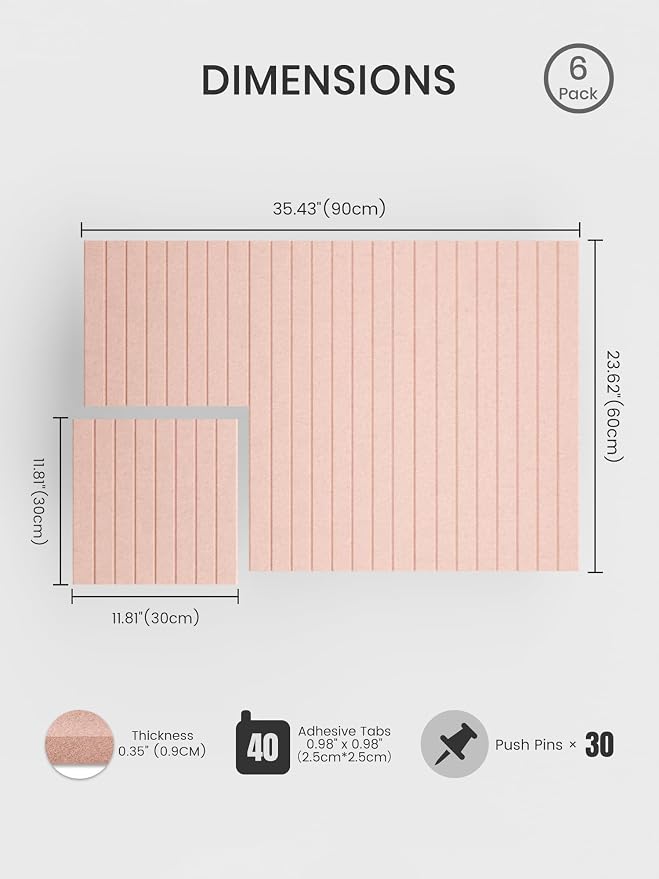 Bumusty 36"x 24" Large Felt Bulletin Board Tiles,Pink | 6-Pack Cork Board Alternative, Wall Decor, 30 Pushpins, 30 Adhesive Tabs, Vision Board, Office, Classroom, Home, Dorm - Image 2