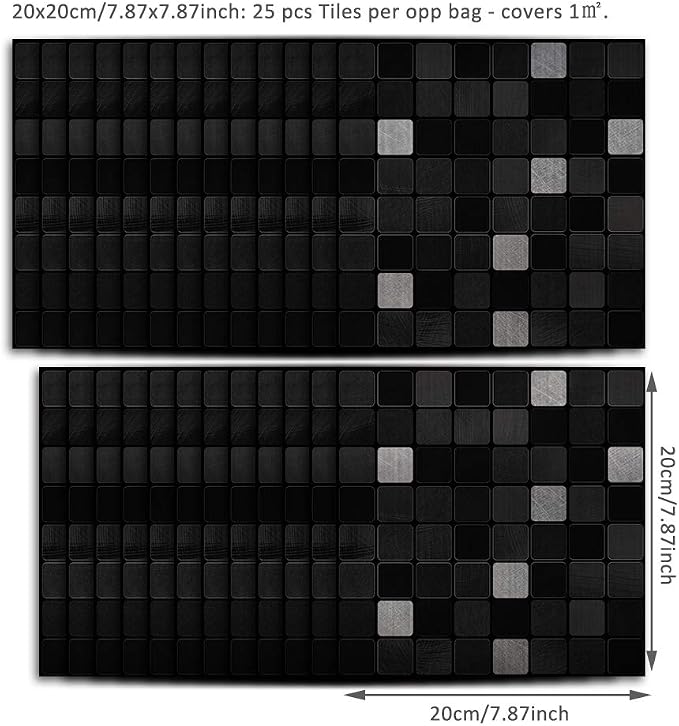 Alwayspon 25 Pcs Brushed Silver Self-Adhesive Peel and Stick Tile Decal, Water-Proof Backsplash Wall Tile Sticker for Kitchen Bathroom Decor, Black Metallic Mosaic, 8x8inch - Image 5