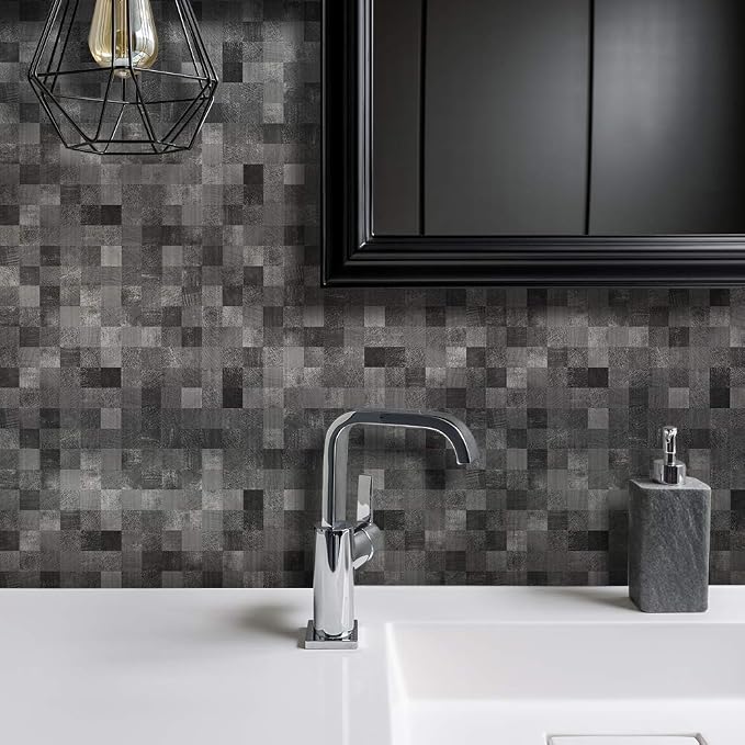 25 Pcs Brushed Silver Self-Adhesive Peel and Stick Tile Decal, Water-Proof Backsplash Wall Tile Sticker for Kitchen Bathroom Decor, Gray Square Mosaic, 6x6inch - Image 2