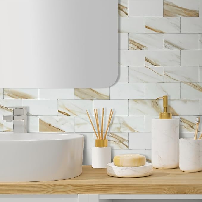 AULIGET 100-Piece Calacatta Gold Marble Look Peel and Stick Backsplash Wall Tiles, 3" x 6" Faxu Stone PVC Stick on Tile for Backsplash Kitchen, Bathroom, Laundry Room, Camper, Fireplace - Image 4