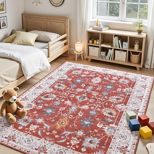 Hanples 5x7 Area Rugs for Living Room, Washable Rug Vintage Floral, Red - Image 3