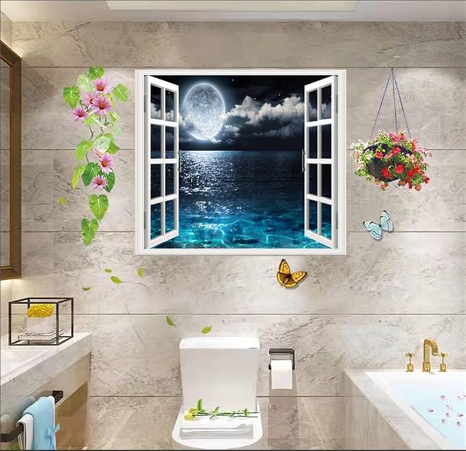 Self-Adhesive Wall Sticker Romantic Living Room Bedroom Study Office Decorative Wall Sticker Ocean Scenery Fake Window Sticker Mural (36"×48", Moon Beach) - Image 3