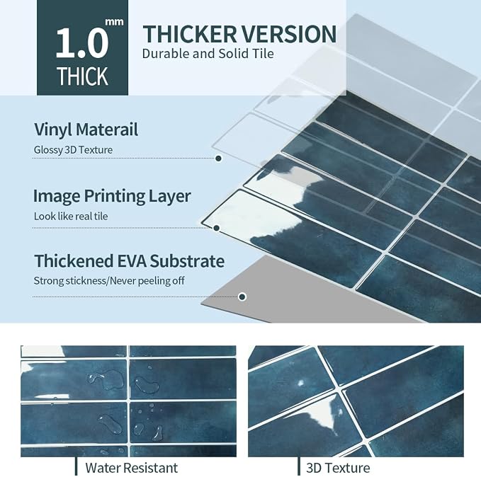 Peel and Stick Backsplash 3D Wall Tiles,Self-Adhesive,Oil Proof,Waterproof, Removable Wall Panels for Kitchen & Bathroom,Modern Design, Easy Install (10.7ft，12x9 inch,14 Pack) (Blue) - Image 3