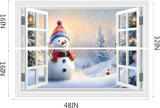Fake Window Wall Decal - Merry Christmas Snowman Conifer Snow Scene Sticker | ｜Faux Window Merry Christmas Wall Art Mural ｜ Stick and Peel Wall Decals｜for Xmas Room Office Decor｜48"x32",Set of 2 Sheets - Image 4