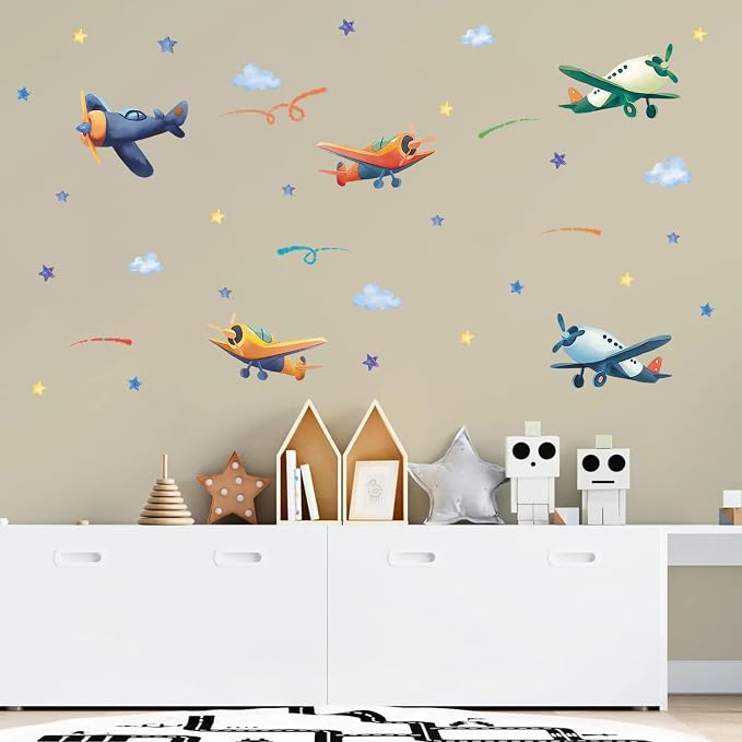 LHIUEM Airplanes Wall Decals Plane Wall Stickers for Boys Room 43PCS Watercolor Airplane Kids Party Favor Gifts Airplane Kit Wallpaper Peel and Stick Decal Cartoon Glider Planes for Nursery Playroom - Image 6