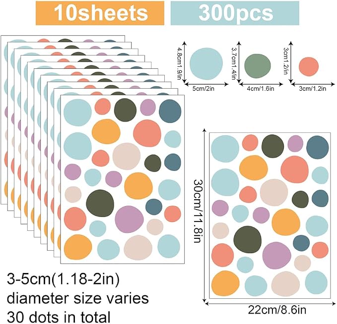 300 Pcs Removable Boho Multicolor Neutral Polka Dots Wall Decals Set | 10 Sheets Waterproof Peel & Stick Matte Dots Vinyl Stickers for Bedroom, Living Room & Accent Wall Decor(Mixed Size 1.2–2 in) - Image 2