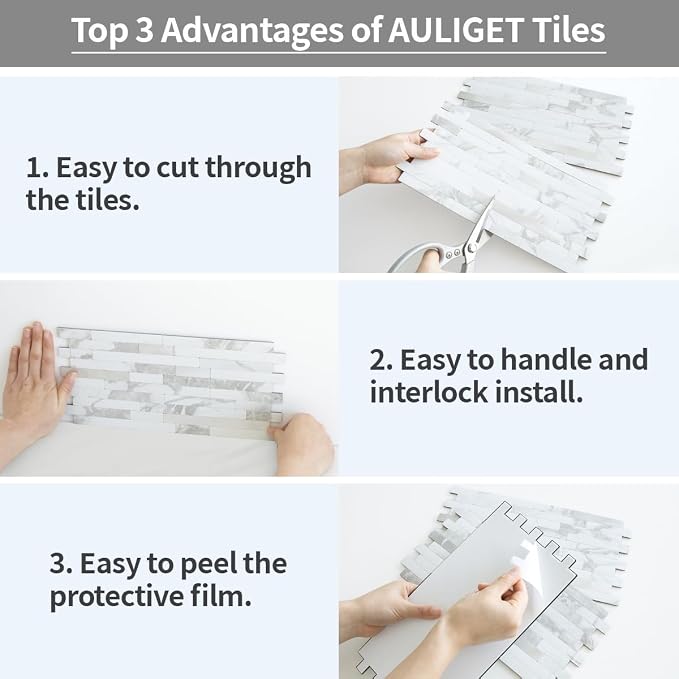 AULIGET 20 Sheets White Stone Peel and Stick Backsplash, PVC Mixed Metal Silver Wall Tile Stick on Backsplash for Kitchen and Bathroom - Image 7