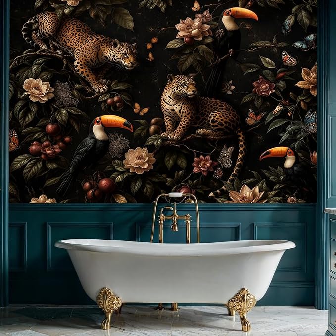Dark Tropical Jungle Leopard Peel and Stick Wall Mural, Canvas Wallpaper | Large Removable Jungle Mural with Leopard, Toucan and Tropical Flowers for Living Room, Bedroom or Accent Wall Decor - Image 3