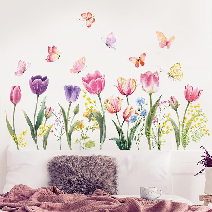 Tulip Flowers Wall Decals Watercolor Floral Butterfly Wall Stickers Colorful Flowers Wall Mural Removable Flower Peel and Stick Wall Art for Girls Bedroom Kids Nursery - Image 4