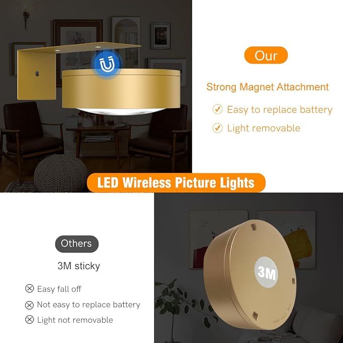 3Pack Picture Light Battery Operated Painting Lights for Wall Wireless Magnetic Display Art Light with Remote Control,Dimmable&Timer Portrait Light for Art Frame Artworking,Wall Decor Puck Lights-Gold | 3Pcs Wireless Magnetic Display Art Light with Dim... - Image 6