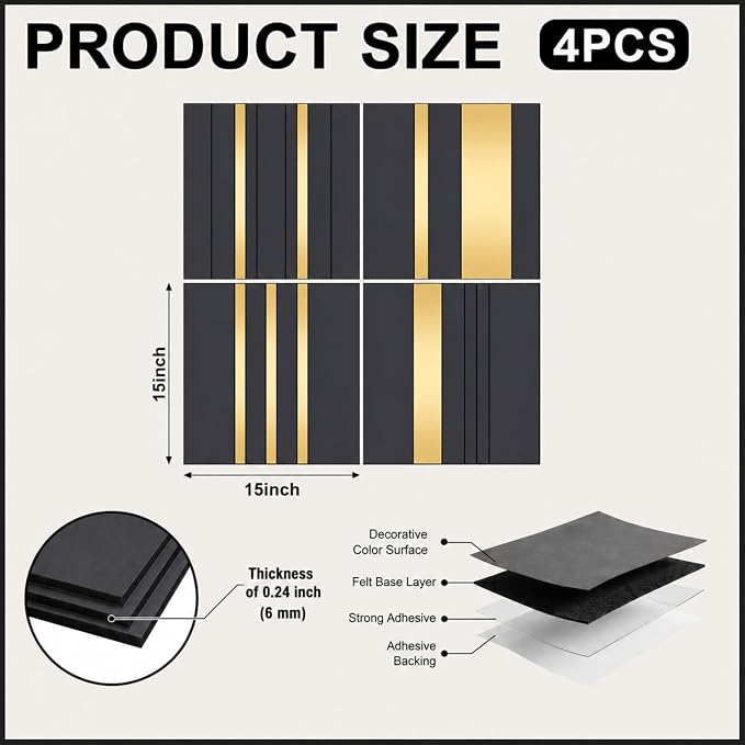 Geelin 4 Pack 3D Wall Panels Peel and Stick Fluted, Gray, Gold - Image 2