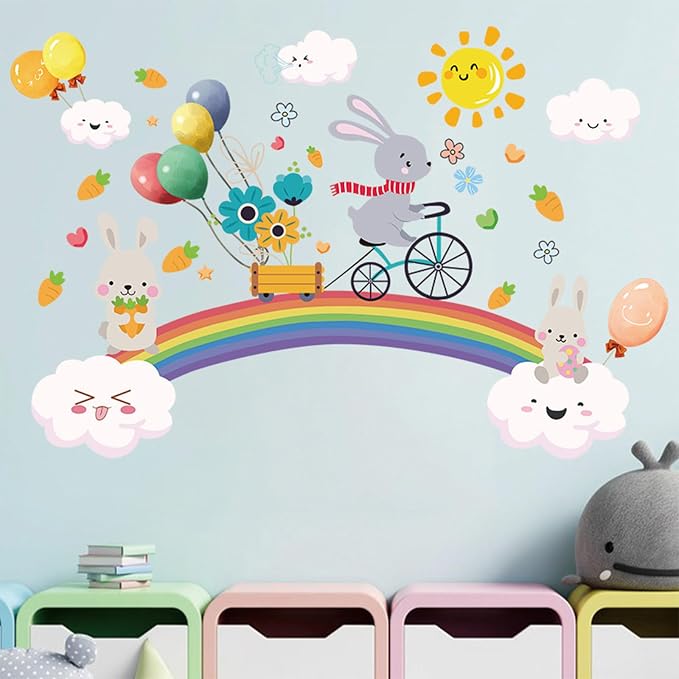 Arawat Rainbow Wall Decals for Girls Bedroom Easter Bunny Wall Murals for Living Room Décor Wall Decor Stickers & Murals 3D Rabbit Wall Art as Decorations - Image 3