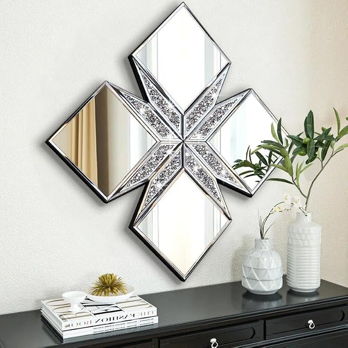 Crushed Diamond Decorative Mirror 22.25x22.25” Diamond Shape Glass Wall Mirror for Home Decoration, Exquisite Accent Wall Decor by VOHJD