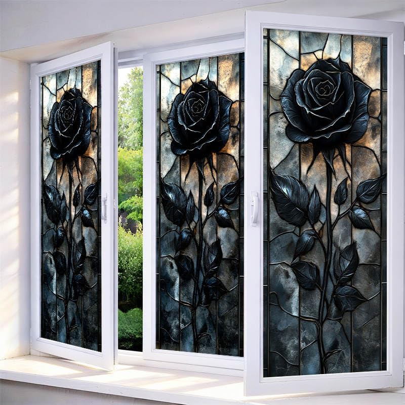 IVN Privacy Window Film Stained Glass Window Cling Black Rose by IVN