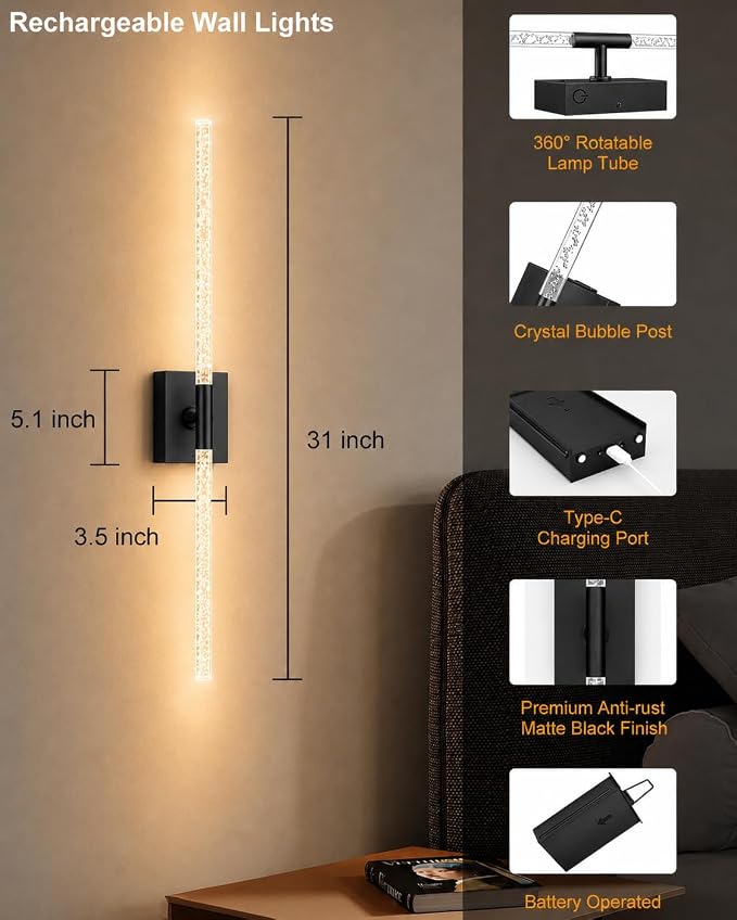 Crystal Bubble Rechargeable Wall Sconces Set of 2, Wireless Modern Lights | 10000mAh, Remote Control, 3000K-6000K Dimmable, 360° Adjustable, Ambient Lighting for Living Room, Bedroom, Picture, Bathroom - Image 8