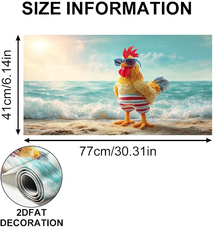 Funny Rooster Beach Kitchen Backsplash Peel and Stick, 30x16 in | Cartoon rooster in sunglasses and swim trunks on a sunny beach; flat 2D waterproof peel and stick; wipe clean; 30x16 in - Image 6