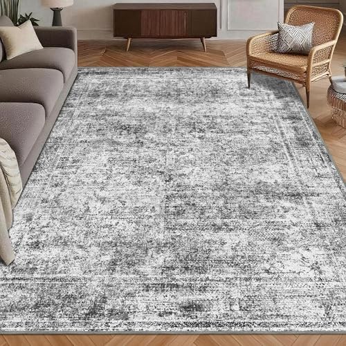 Washable Area Rug 3' x 5 ' Vintage Traditional Persian Mat - Foldable Distressed Non-Slip Machine Washable Carpet for Living Room Bedroom Kitchen Home Decor - Graphite and Mist by Unknown
