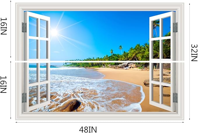 Fake Window Wall Decal- Summer Beach Seascape Coast Open Wall Art Sticker | Faux Window Tropical Ocean Natural Landscape Mural｜ Stick and Peel Wall Decals｜for Room Office Decor｜48"x32",Set of 2 Sheets - Image 2
