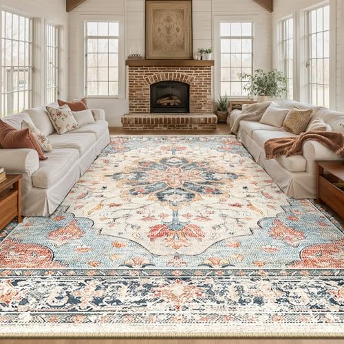 RELEANY Washable Area Rug, Large 10'x12', Beige/Blue/Orange - Image 4