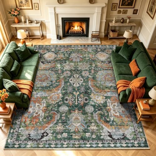 RUGSURE Washable Area Rugs - Perfect for Living Room, Bedroom, Kids Room, Nursery - Stain & Water Resistant Non-Slip, Pet & Child Friendly, Vintage Tribal Area Rugs (Green, 9' x 12') by RUGSURE