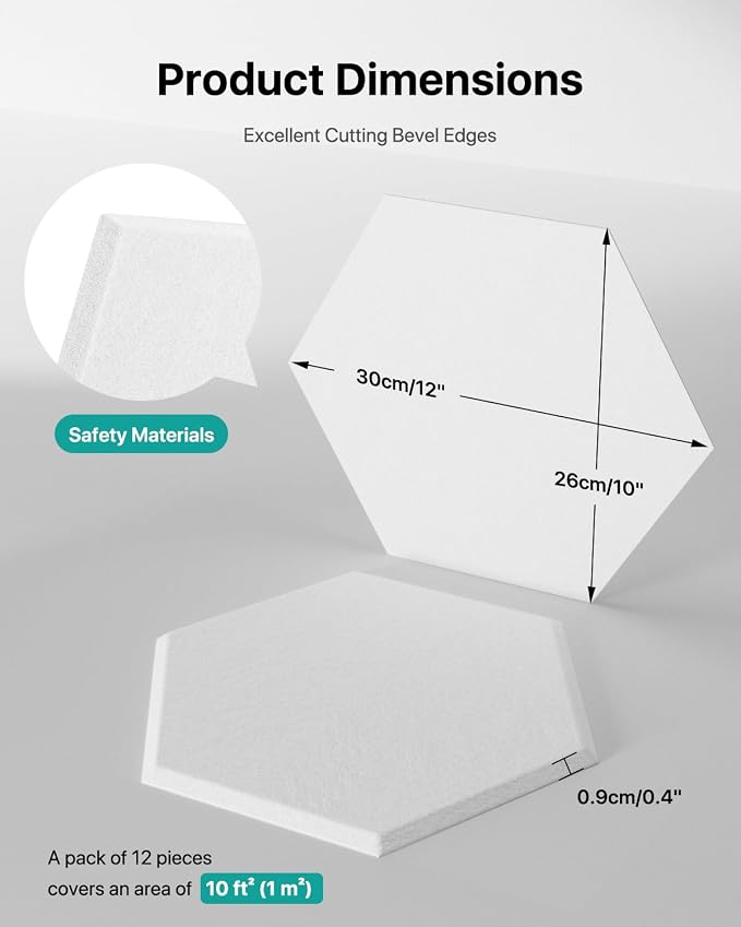 Soundsbay Hexagon Acoustic Panels, Self-Adhesive 18 Pack Sound Panels | 150kg/m³ High-Density Polyester, Covers 15 sq ft Soundproof Wall Panels for Walls, Office, Ceiling 12" X 10" White - Image 5