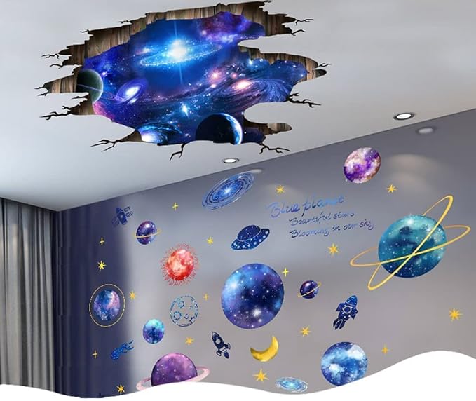 Quanhaigou Blue Purple Galaxy Wall Decals, Removable Sticker,The Art Magic 3D Milky Way Cosmic Stars Spacecraft Dreamscape Home Decor for Bedroom Living Room Floor Ceiling Kids Room - Image 5