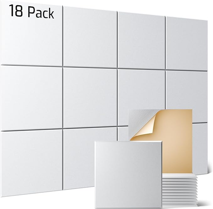 Sonicism 18 Pack Acoustic Wall Panels with Self-Adhesive, 12" X 12" X 0.4" Sound Proof Foam Panels, Decorative Soundproof Wall Panels, Sound Proof Absorbing Tiles for Home & Offices, White by Sonicism