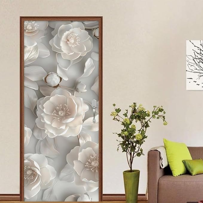 REDAMANCY 30.7"x79" 3D White Magnolia Floral Peel and Stick Door Stickers Vinyl 3D Mural Decals Modern Wallpaper Self-Adhesive, Waterproof, Removable Decor for Kitchen, Living Room, Bedroom - Image 4