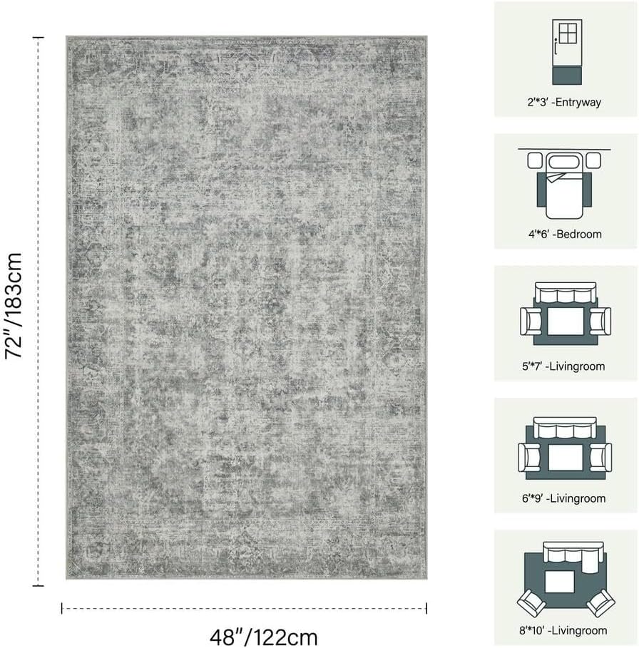 Rugxara Grey 4x6 Area Rug Washable Rug for Living Room Bedroom Office - Image 2