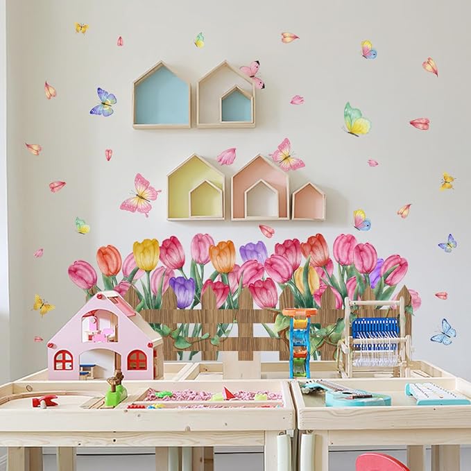 2 Pieces Tulips Wall Decals Vinyl Flowers Wall Stickers Removable Floral Art Murals Peel and Stick Colorful Tulips Fence Butterfly Decor for Girls Bedroom Living Room Nursery - Image 5