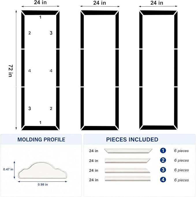 3 Set Peel and Stick Wall Molding Kit,Pre Cut Wainscoting Panels,24x72in | Self Adhesive,Paintable,PVC,Premade - Image 2