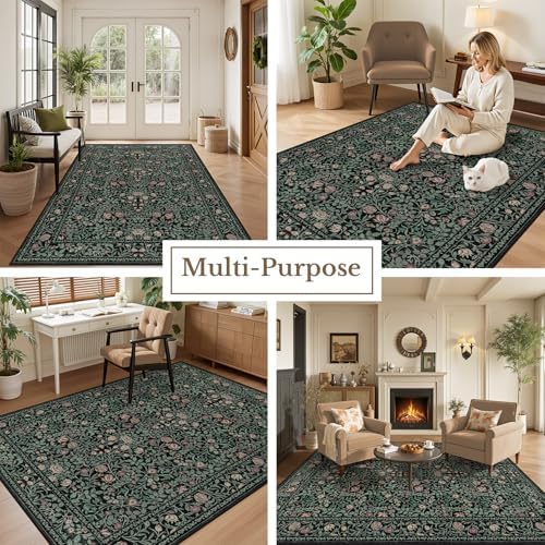 6x9 Area Rug Living Room: Soft Floral Washable Carpet Dark Green - Image 5
