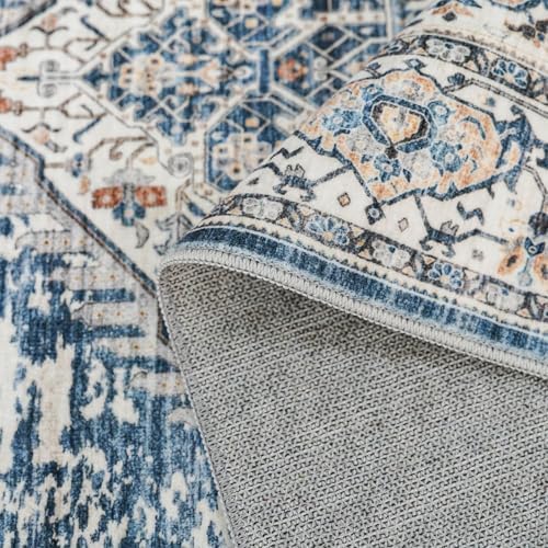 Washable Living Room Area Rug: 7x9 Bedroom Rugs - Farmhouse Distressed Printed Floral Carpet - Foldable Non-Shedding Floor Carpet for Dining Room 7'x9' Blue - Image 4