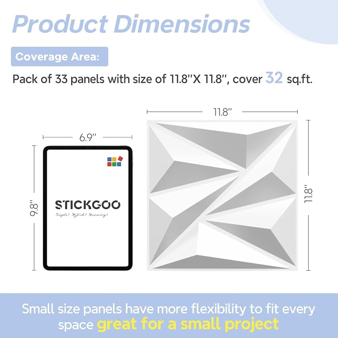 STICKGOO 3D Wall Panels Diamond, White, 12''x12'', 33 Pack | PVC Accent Wall Panels for Interior Wall Decor, Living Room, Bedroom, TV Background, Lobby, Cover 32.Sq.Ft - Image 6